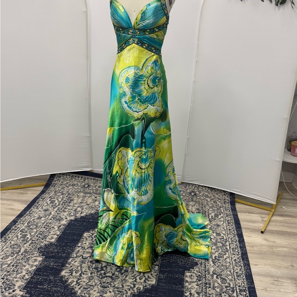 Elegant Floral Maxi Dress in Blue and Yellow